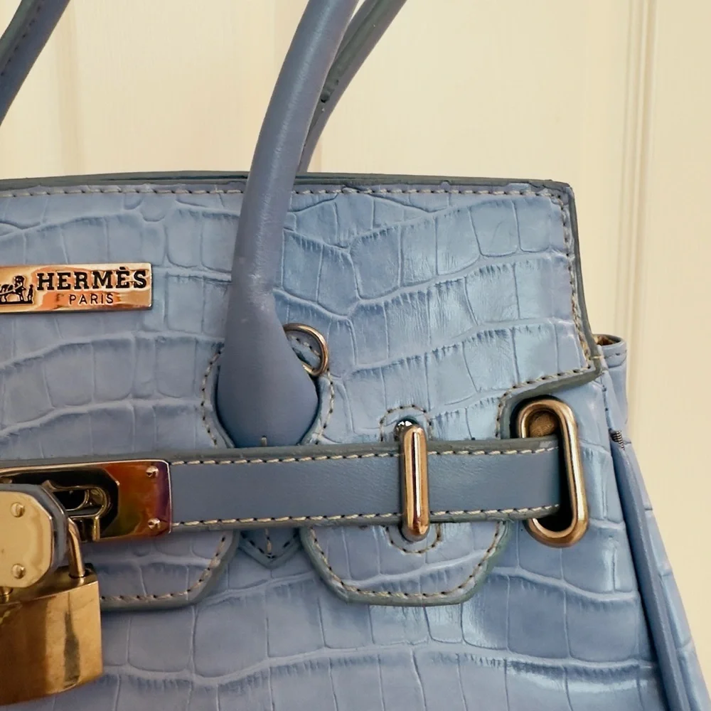 Light Blue Croc-Embossed Satchel with Detachable Strap